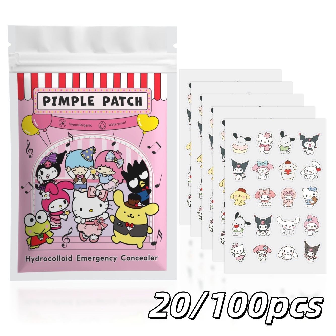 Hydrocolloid Acne Patch - 20/100 Stück Hello Kitty Hydrokolloid-Pickelpflaster-Set, Niedliche