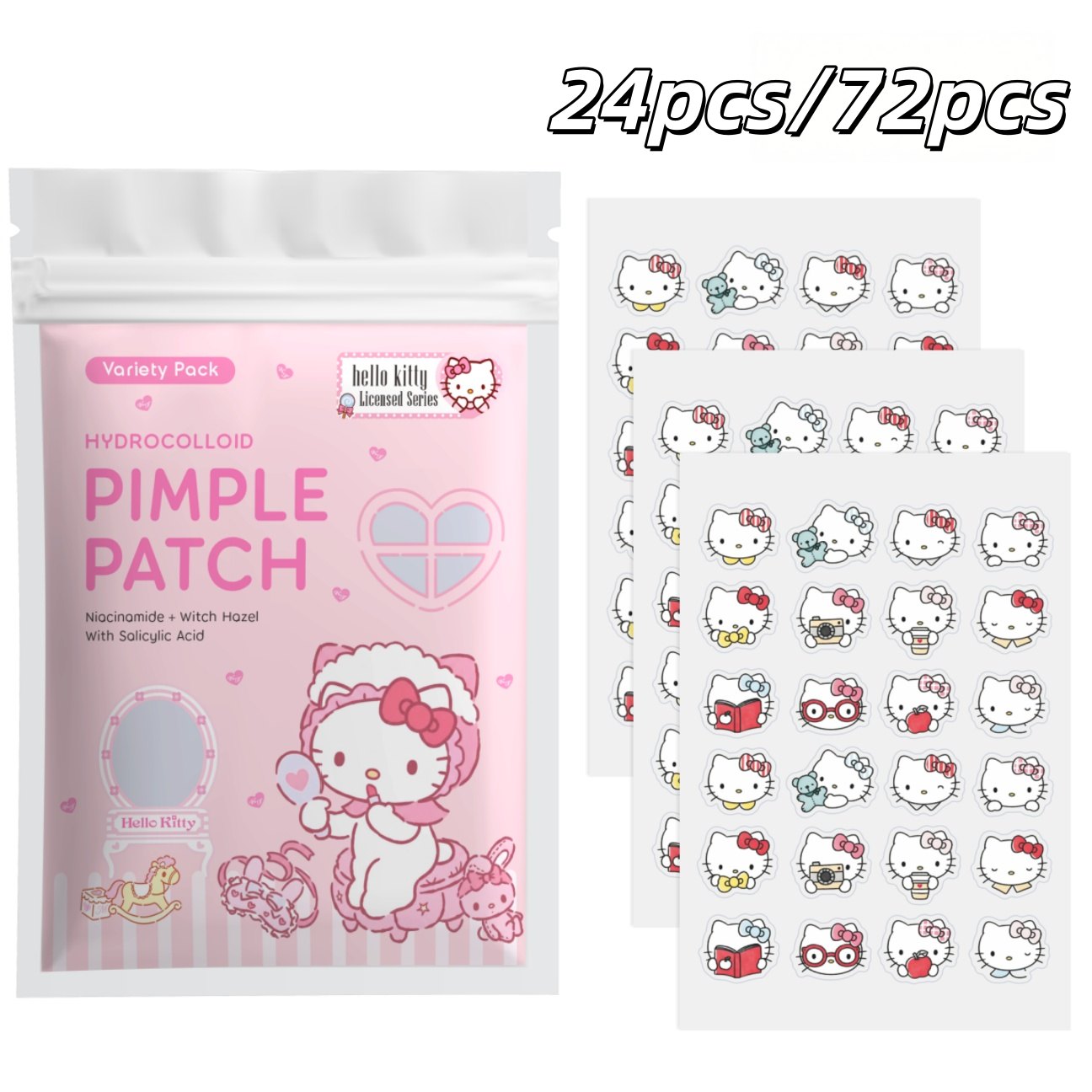 Hydrocolloid Acne Patch - 24/72 Stück Hello Kitty Hydrokolloid-Pickelpflaster, Niedliche